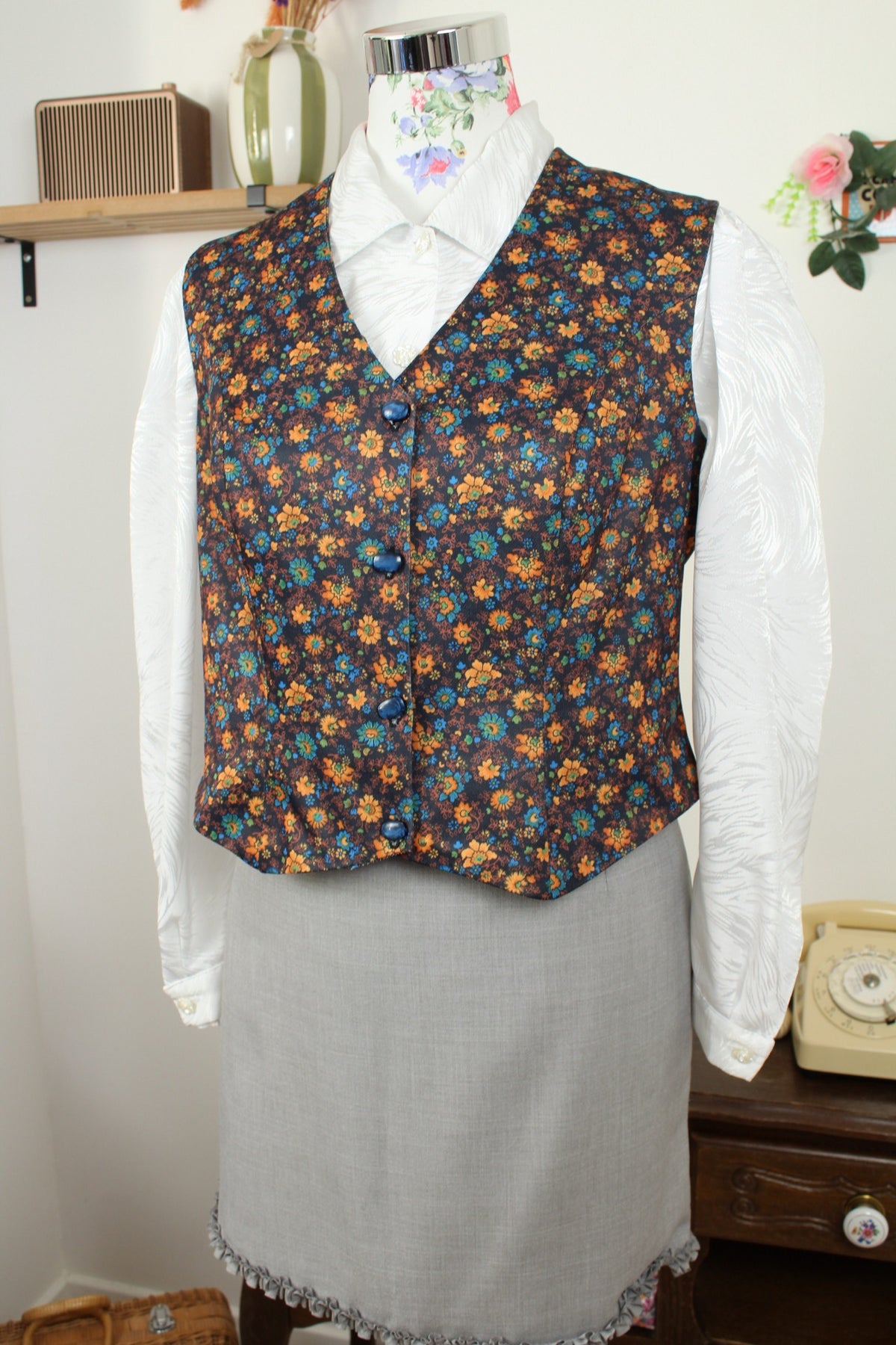 Gilet vintage années 70 esprit tapisserie vintage flower power automnal - Taille 40/42