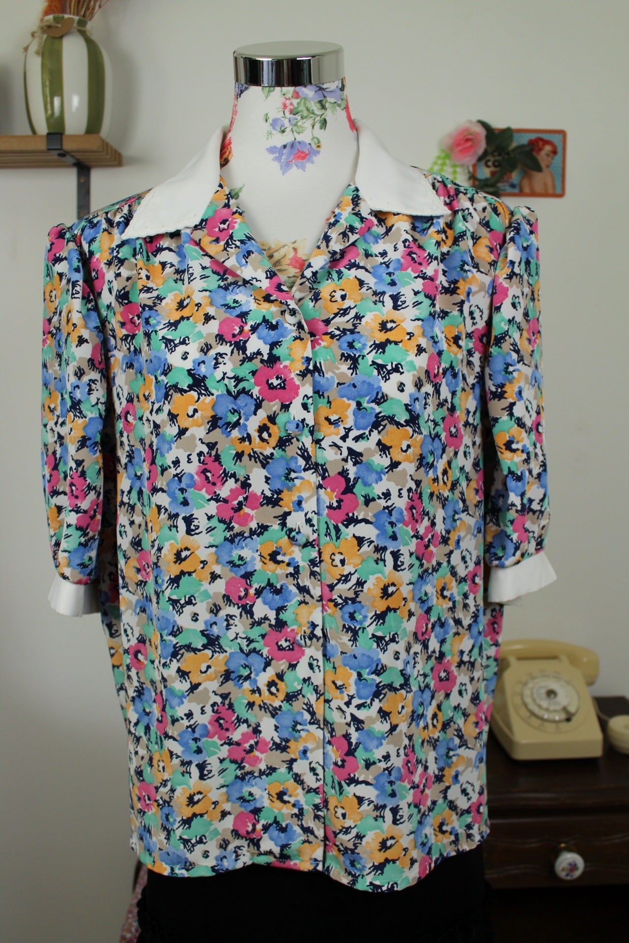 🍒🌸Chemisier vintage fleuri 70's à manches bouffantes - Maison du Jersey - Taille 42/44🌸🍒