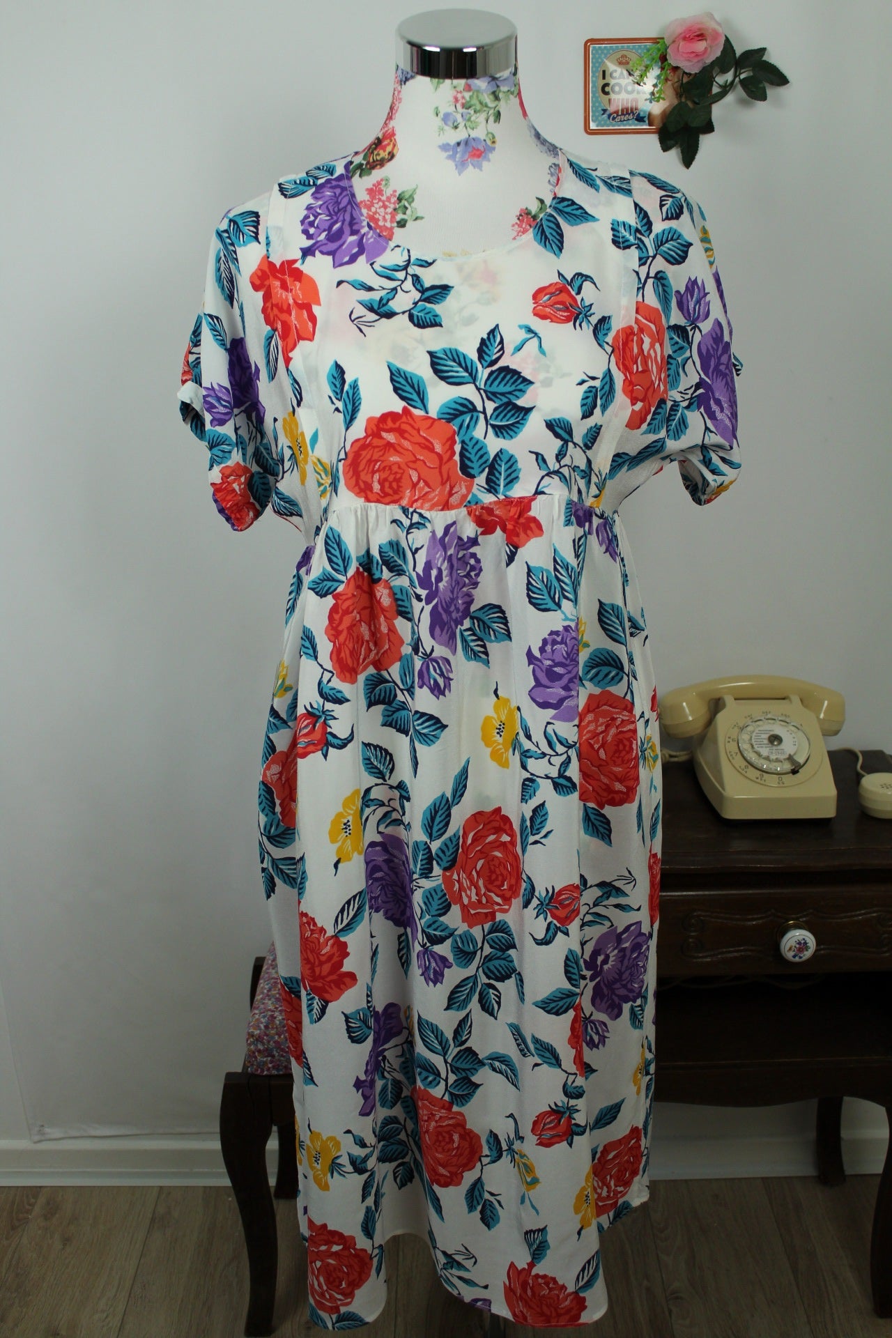 🌸🍒Robe vintage 80's blanche fleurie pep's - coupe & manches amples - Taille 38/40🍒🌸