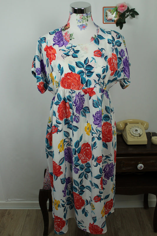 🌸🍒Robe vintage 80's blanche fleurie pep's - coupe & manches amples - Taille 38/40🍒🌸