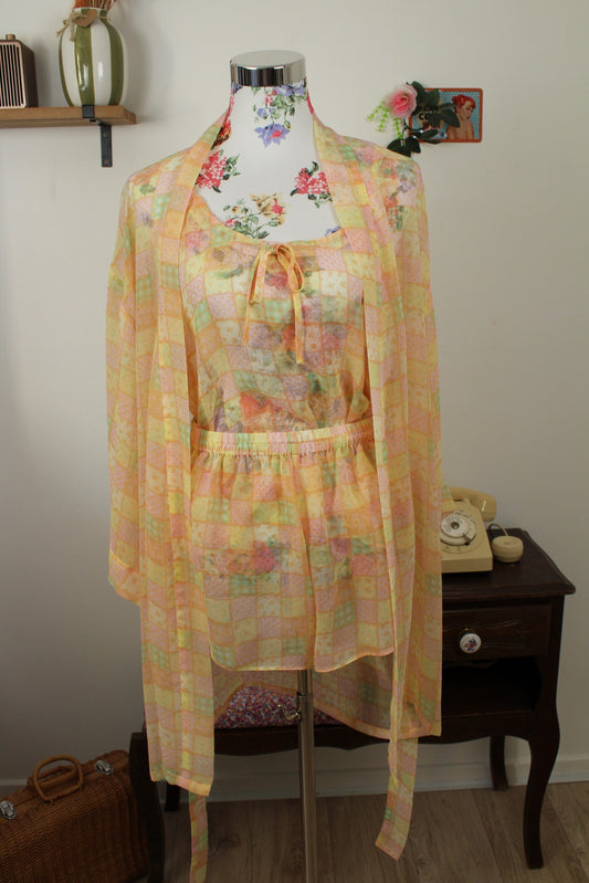🌸🍒Ensemble pyjama vintage années 90 - kimono, short et débardeur à carreaux - Taille 38🍒🌸