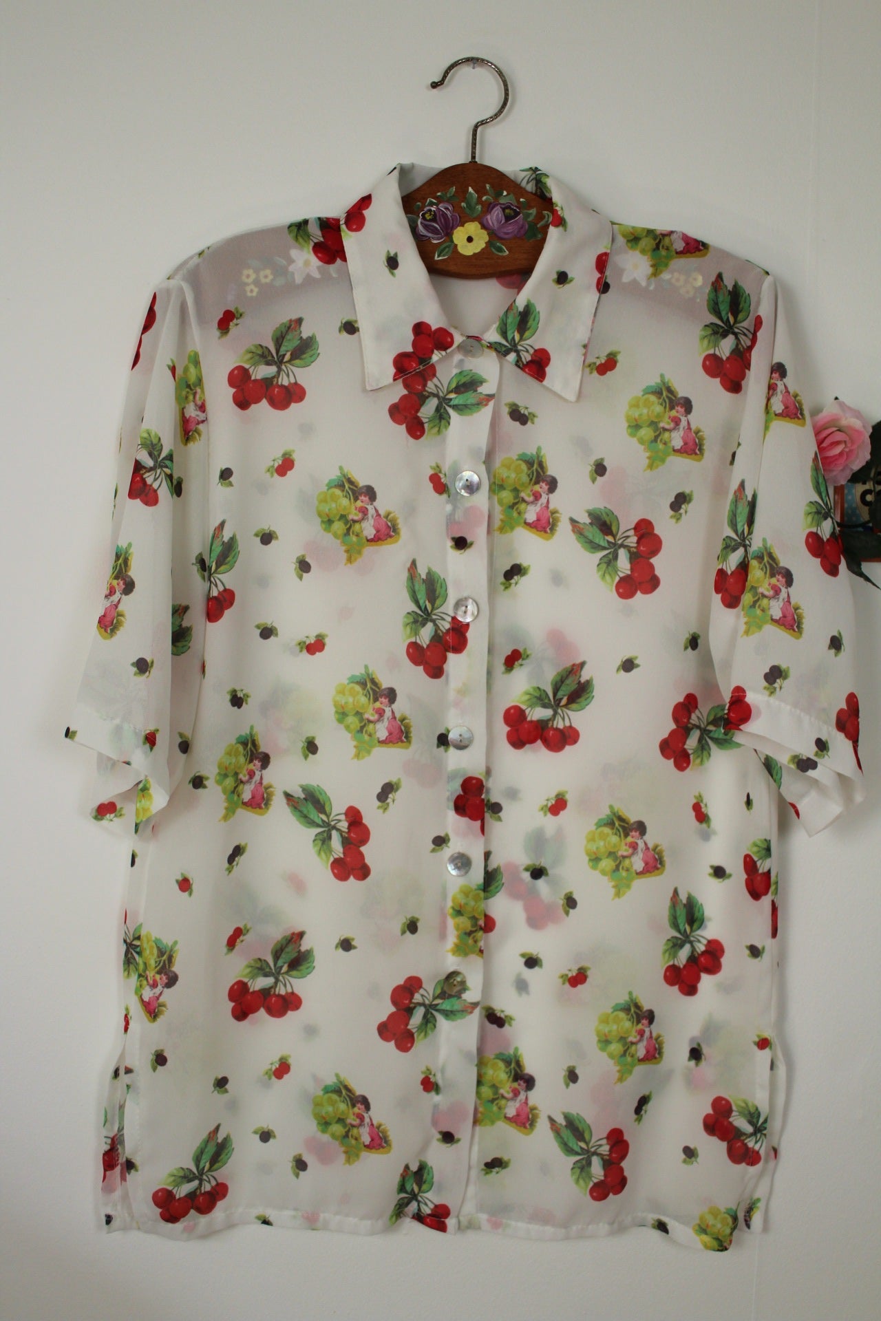 🌸🍒Chemise vintage 80/90's motifs fruits & anges romantique - Taille 38/40🍒🌸