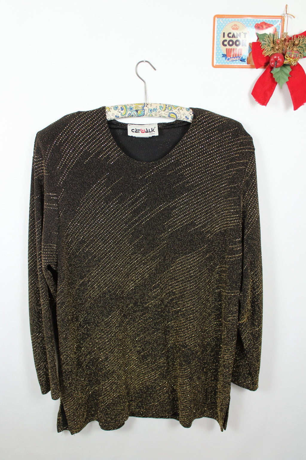 ✨Blouse noire vintage 90s Catwalk Paris - longue & pailletée dorée de soirée✨