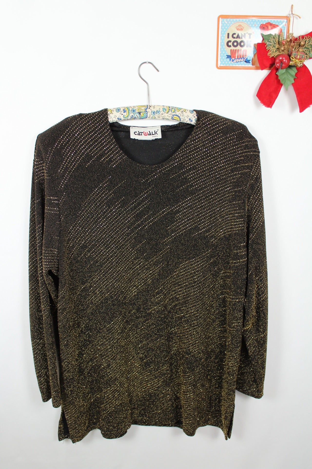 ✨Blouse noire vintage 90s Catwalk Paris - longue & pailletée dorée de soirée✨