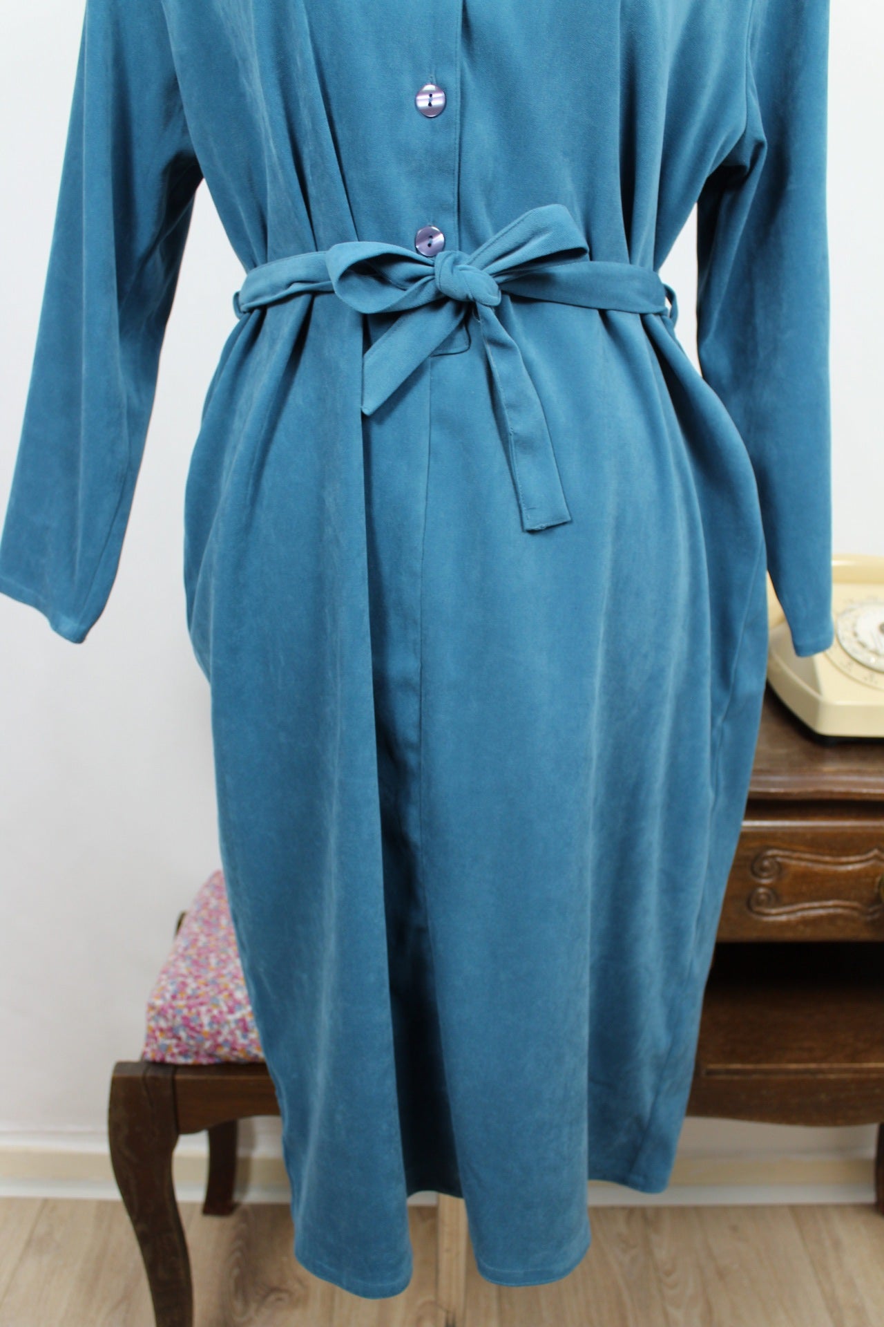 🌸🍒Robe bleu vintage velours lisse - esprit chemise ceinturée - années 90 - Taille 40/42🍒🌸