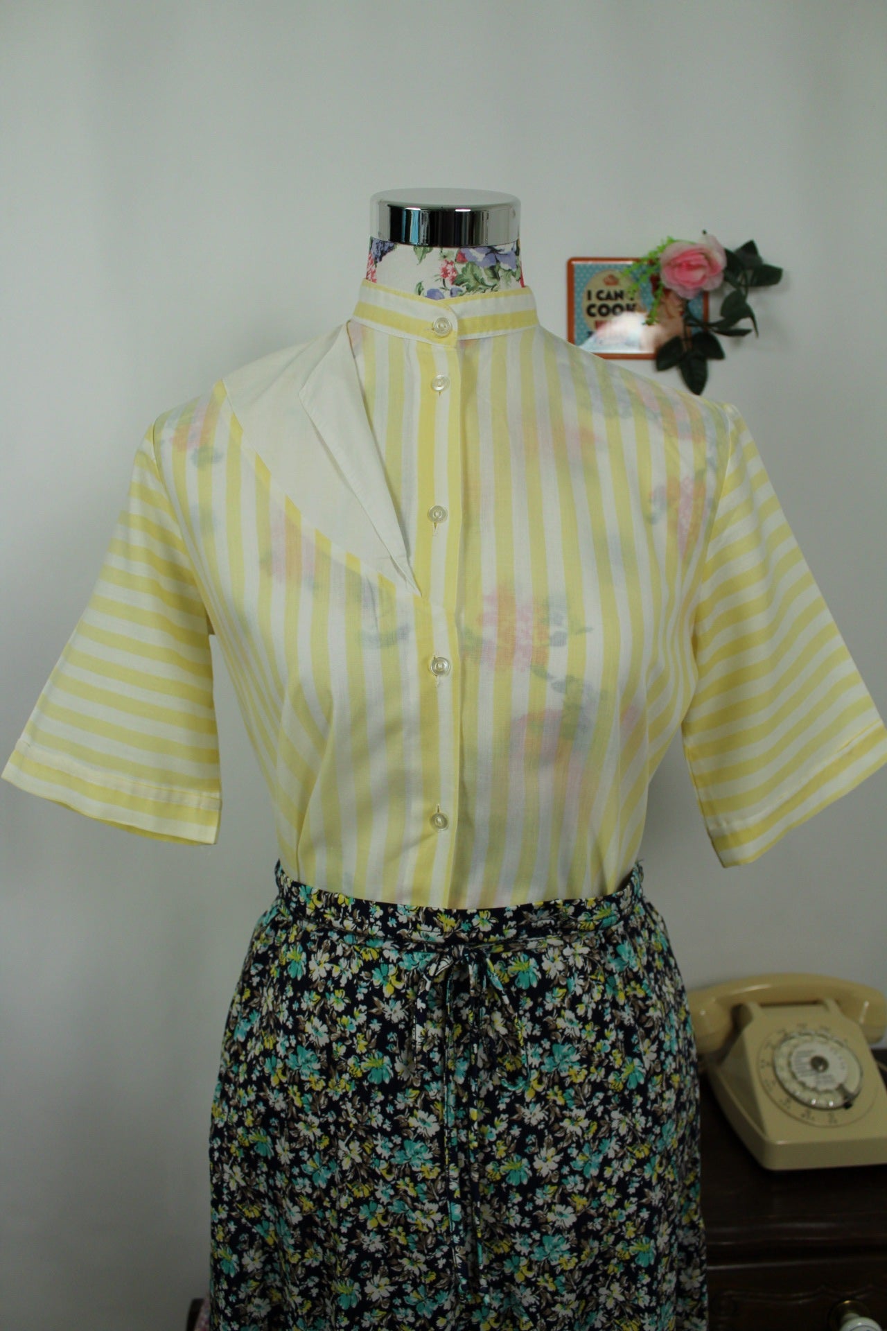 🌸🍒Chemisier jaune rayé vintage 80's col officier - T.38 ou petit 40🍒🌸