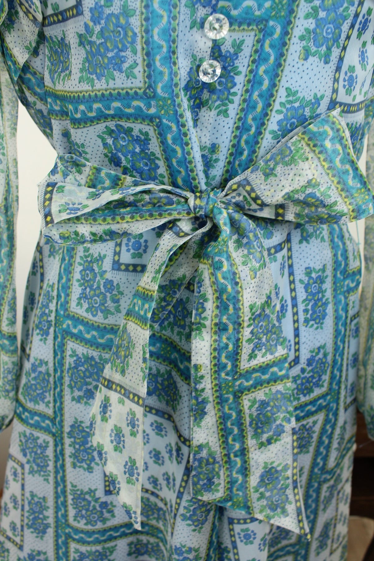 Robe midi vintage années 70 - bohème fleurie manches transparentes - Taille 38