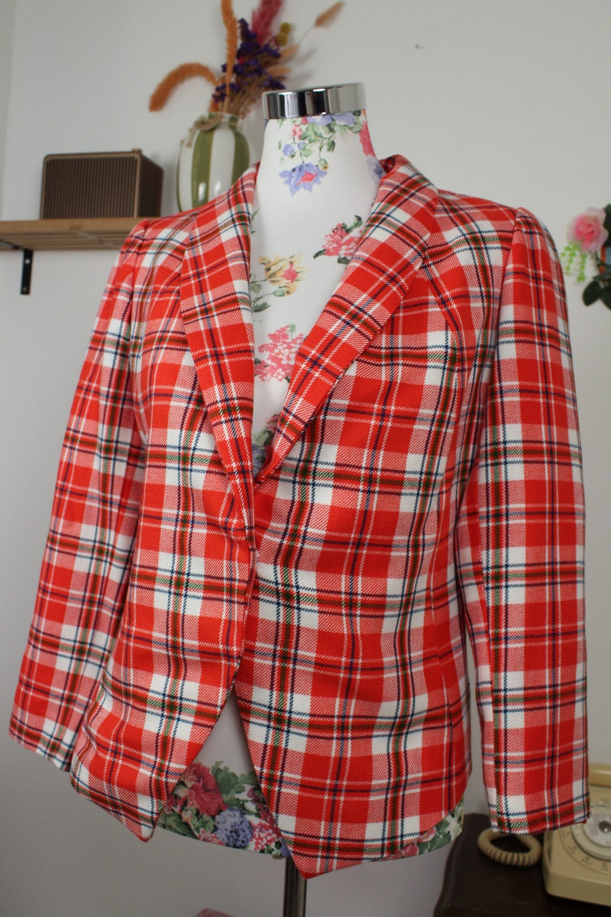 Veste vintage années 80 carreaux tartan rouge & blanc - à deux pans pointus - Taille 38
