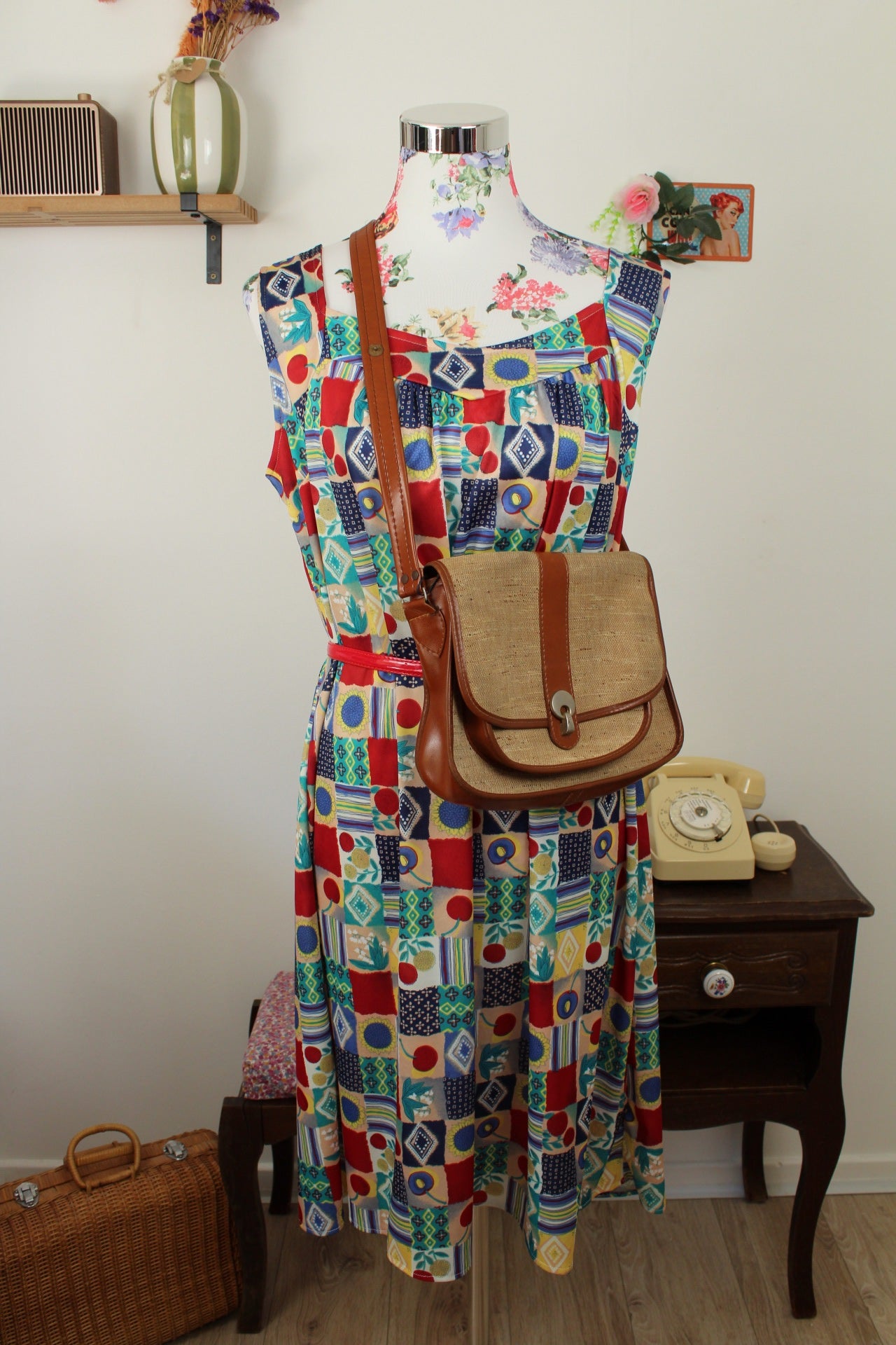 🌸🍒Sac vintage années 70/80 bi-matière toile + cuir camel🍒🌸
