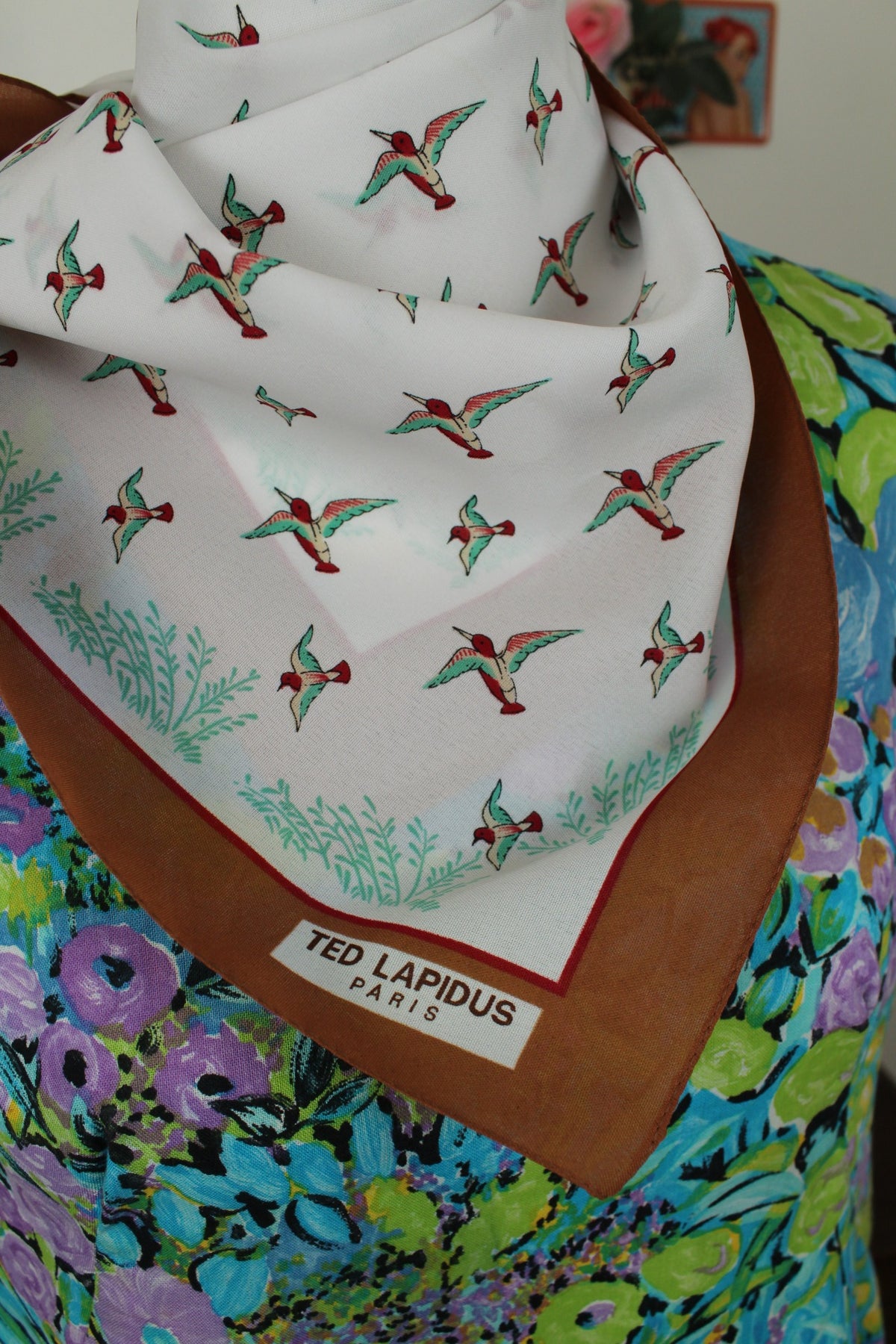 🌸🍒Foulard vintage Ted Lapidus années 70/80 motifs oiseaux🍒🌸
