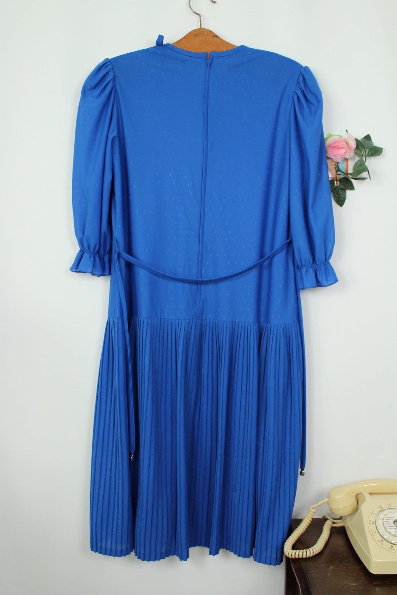 🌸🍒Robe bleue plissée vintage 70/80's manches bouffantes - Taille 40/42🍒🌸