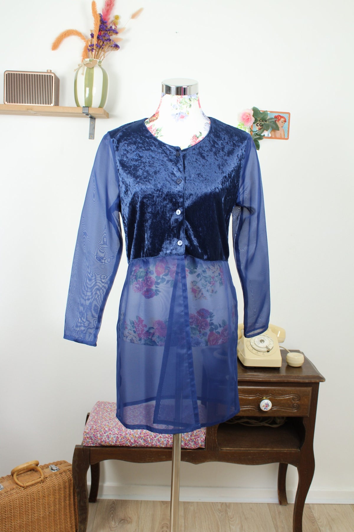 Blouse vintage années 90 bi matière velours satiné & transparence marine - Taille 38/40