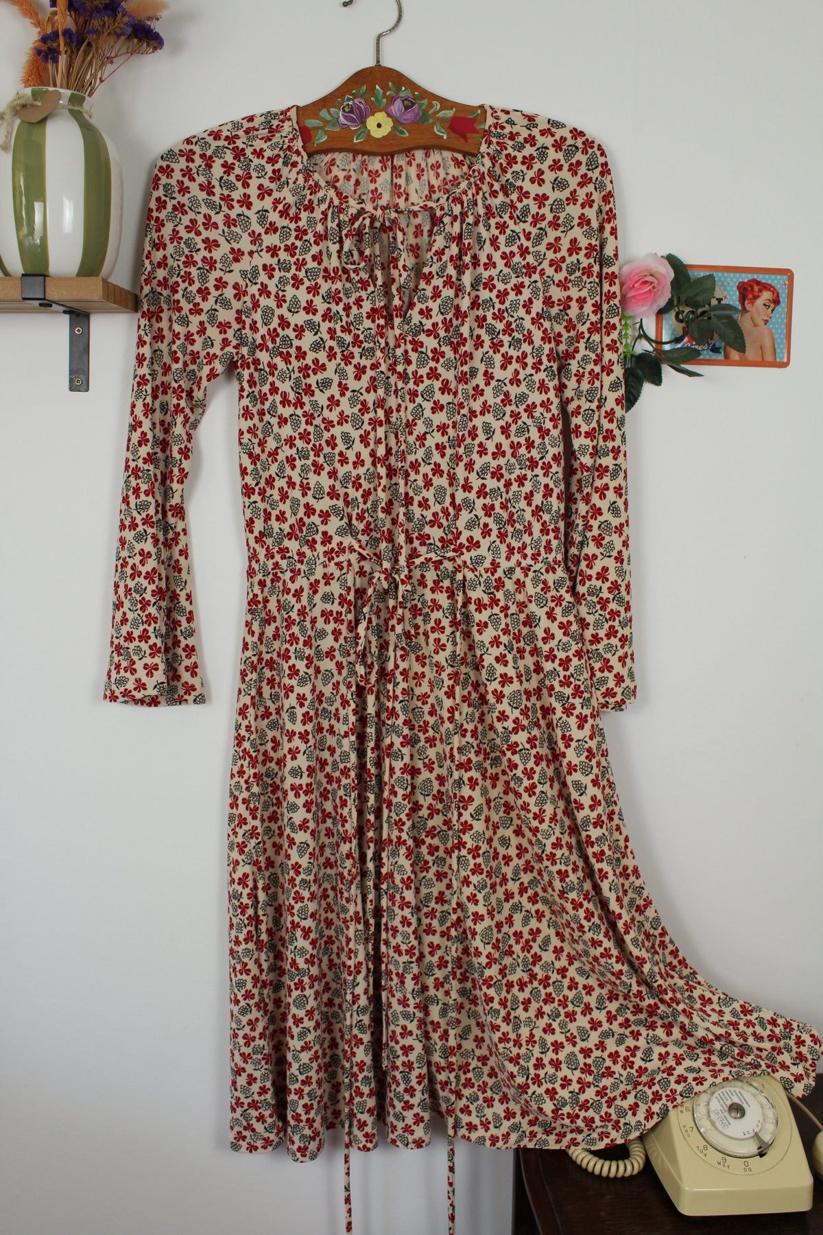 Robe vintage années 70 champêtre romantique - trèfles & pommes de pin - Taille 36/38