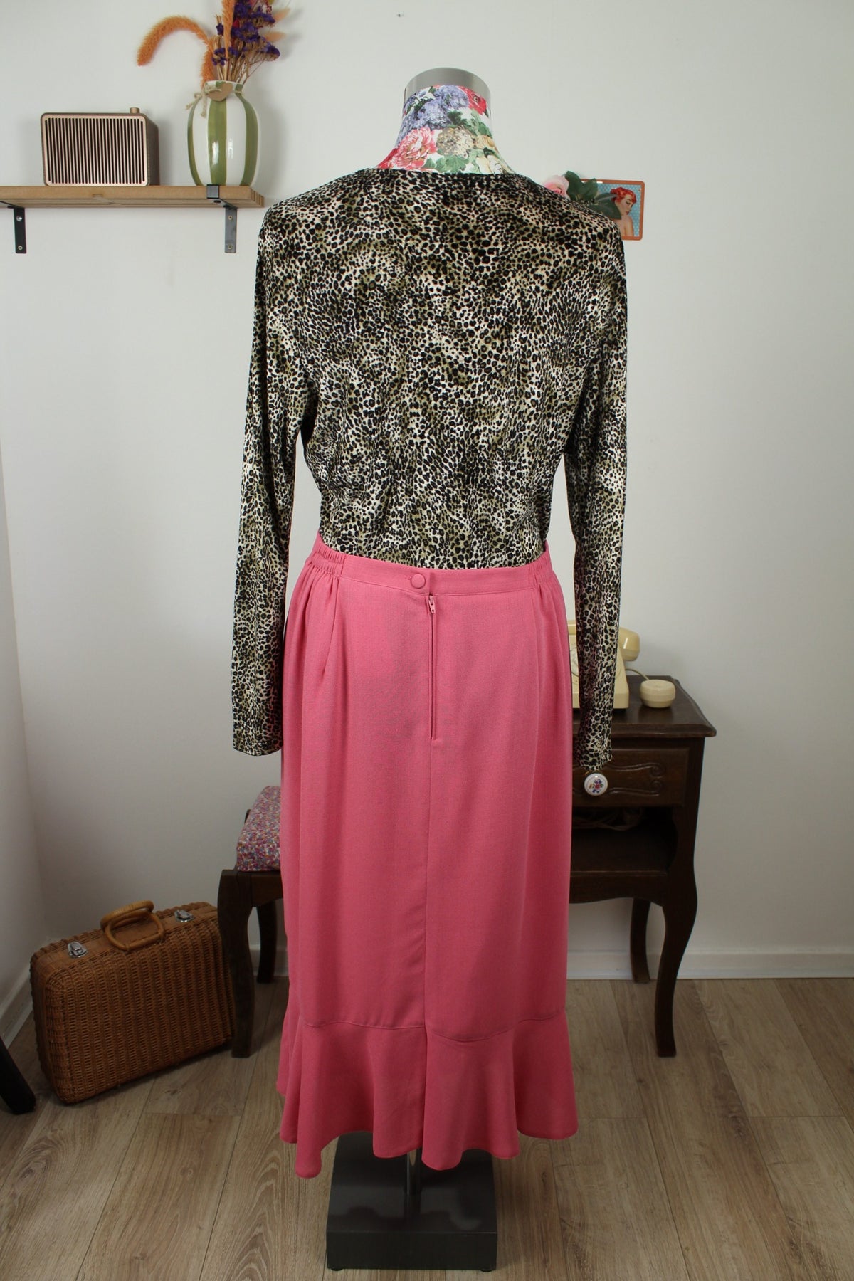 Jupe longue vintage années 80/90 Caty Jane - rose poudré, broderies & boutons - Taille 40/42
