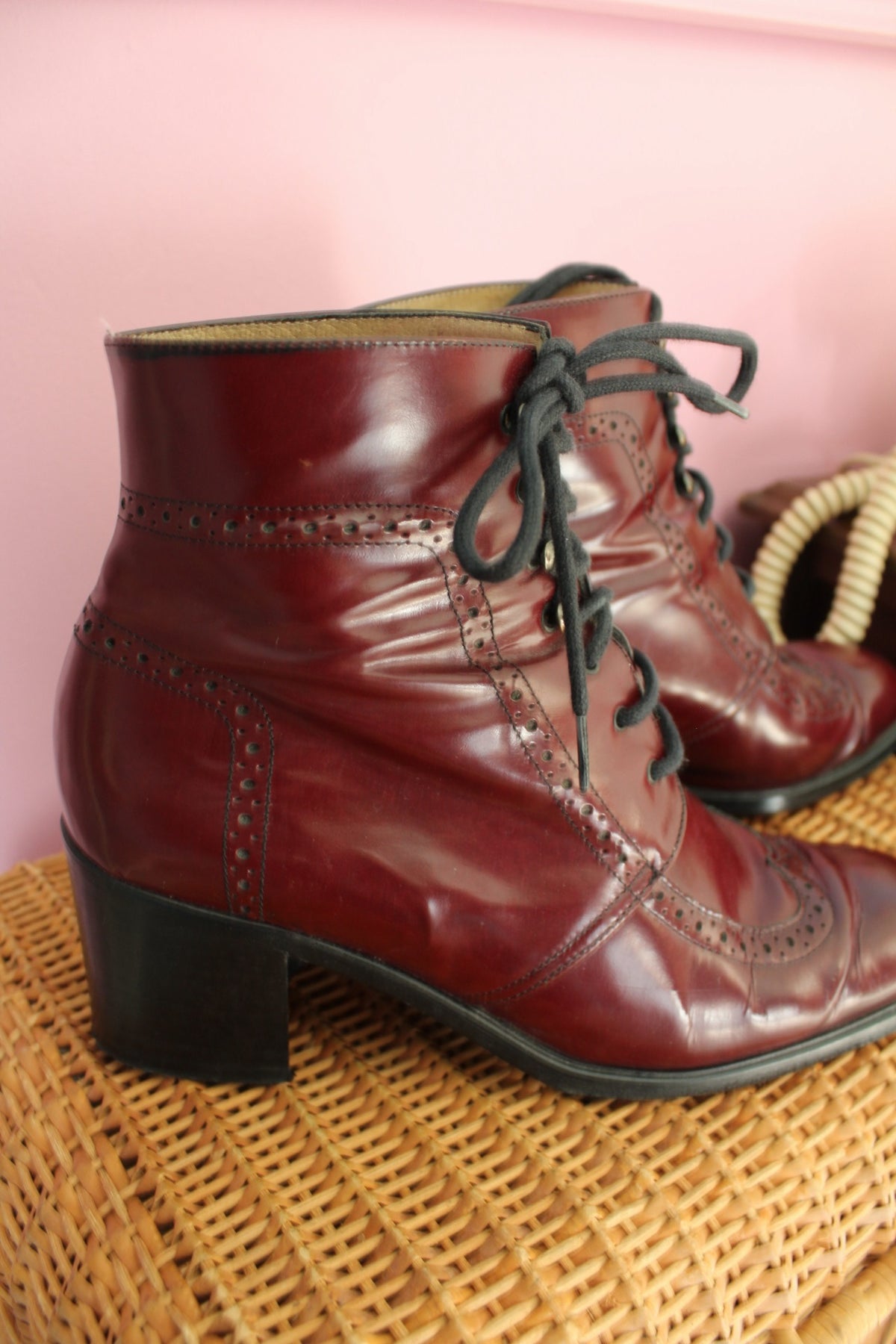 Bottines en cuir verni bordeaux Bocage style rétro victorien dark academia - pointure 39