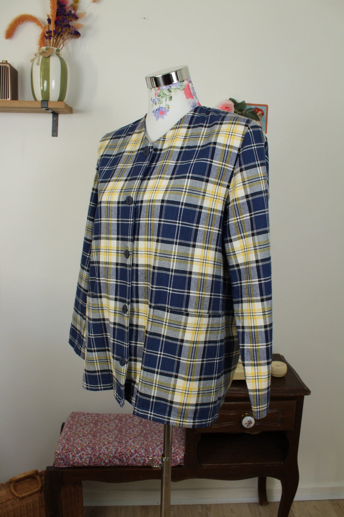 Veste vintage années 80/90 carreaux jaunes & marines en coton - Taille 40/42