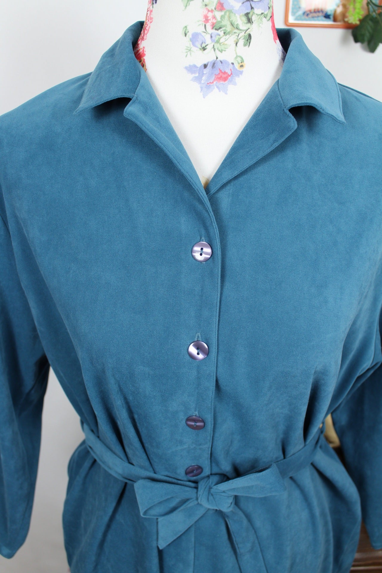 🌸🍒Robe bleu vintage velours lisse - esprit chemise ceinturée - années 90 - Taille 40/42🍒🌸