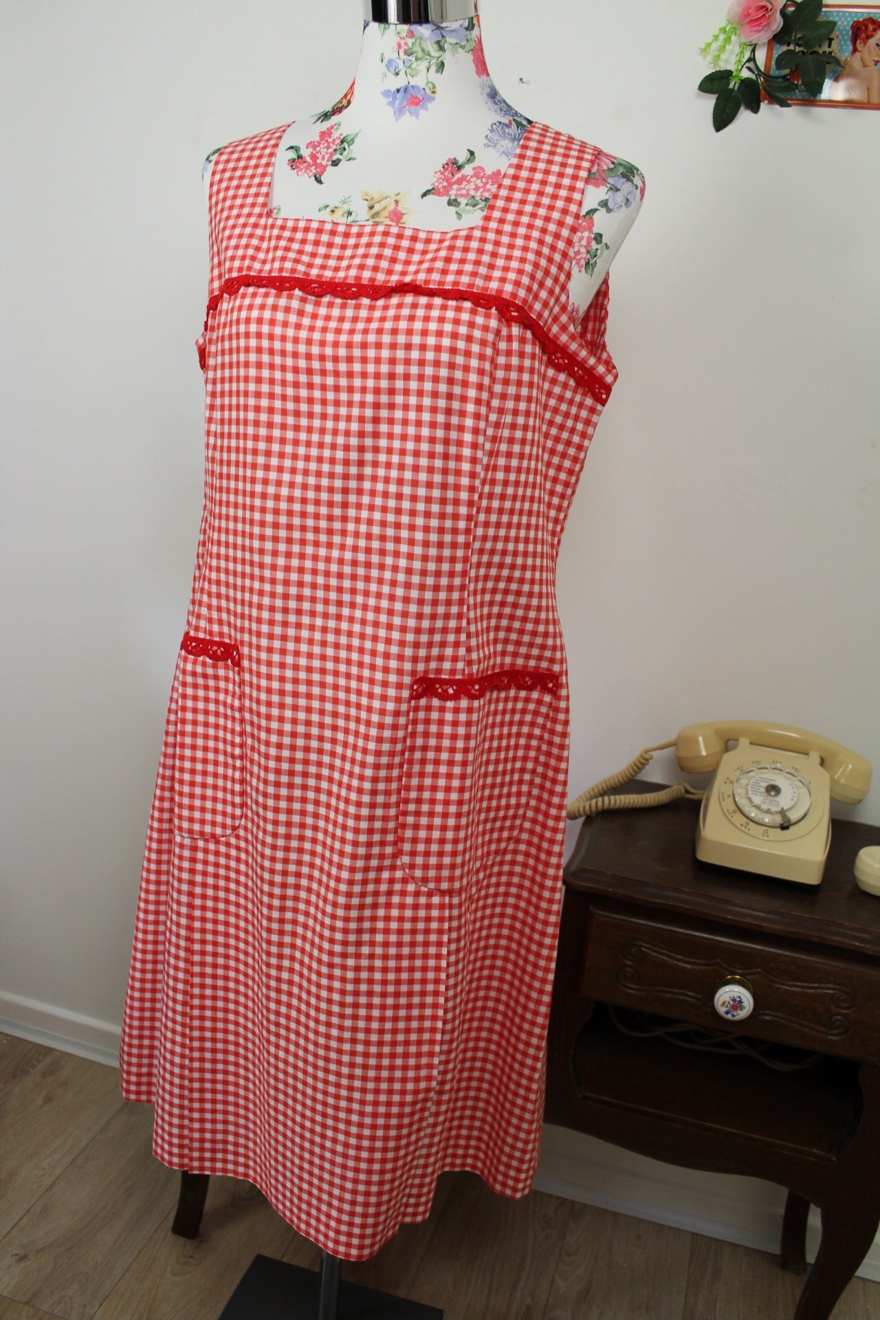 🌸🍒Robe vintage 60/70's vichy rouge & blanc allure champêtre à la française - Taille 38/40🍒🌸