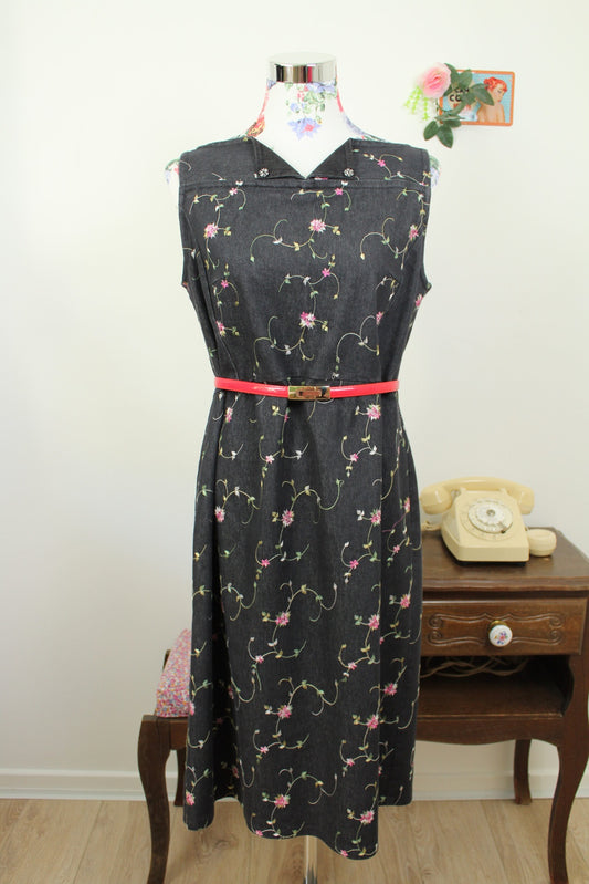 🌸🍒Robe en jean vintage 90's - gris foncé brodée de fleurs - Taille 40🍒🌸