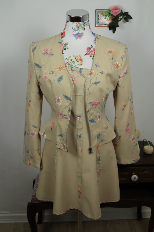 🌸🍒Ensemble robe + veste vintage 90's beige imprimé fleuri Jakobello - Taille 36🍒🌸