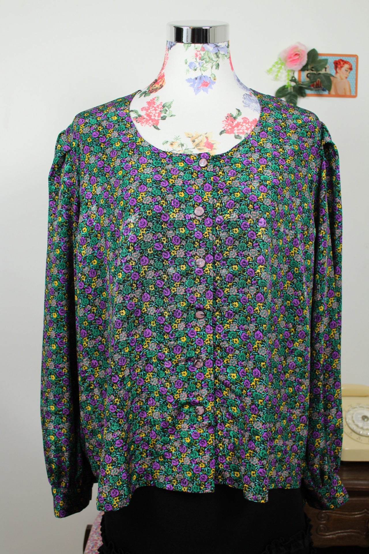 🌸🍒Blouse vintage 80/90s fait main fleurie - manches bouffantes & boutons nacrés - Taille 46/48🍒🌸