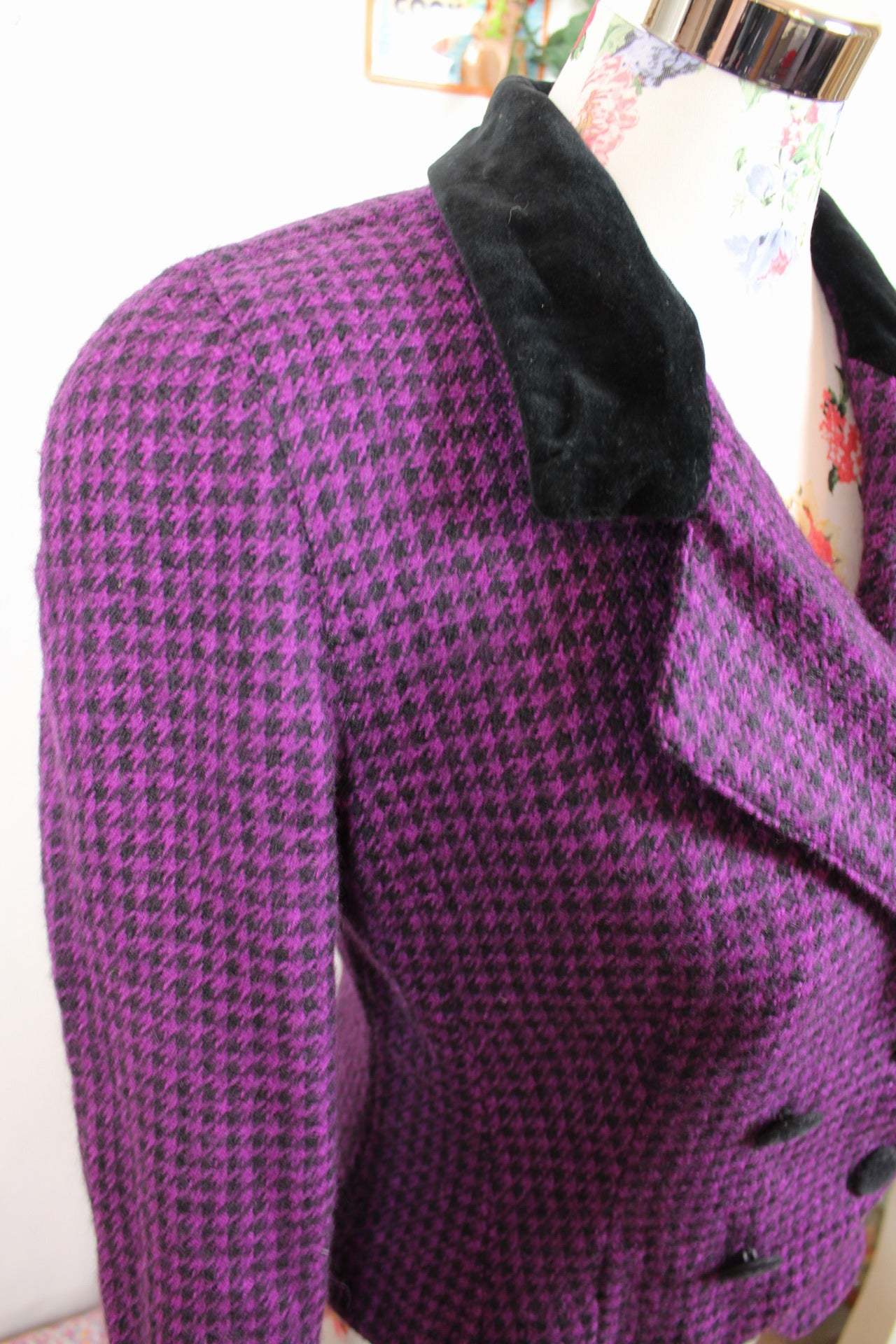 🌸🍒Veste vintage 80's pure laine pieds de poule violette & velours noir - Made in Italy - Taille 38🍒🌸