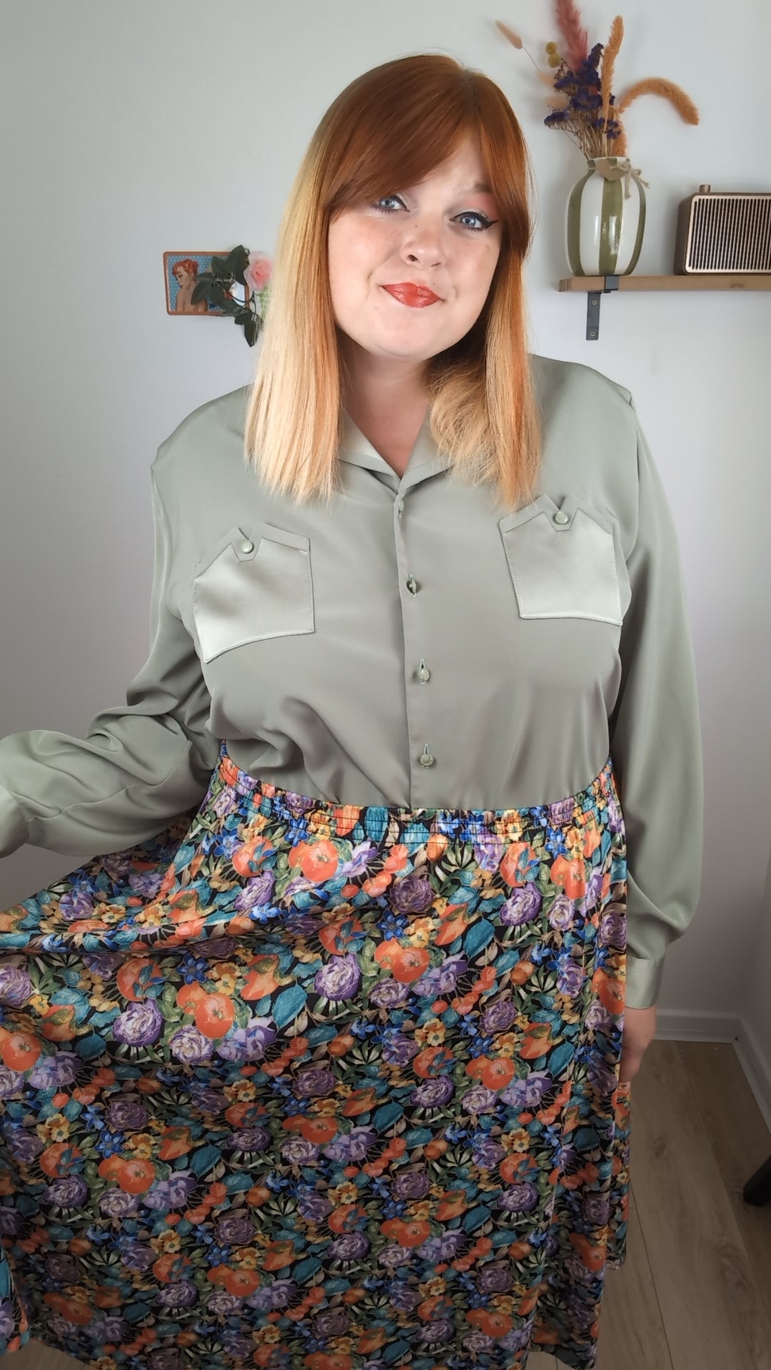 Jupe plissée vintage années 80 fleurs & fruits - Taille 46 à 52