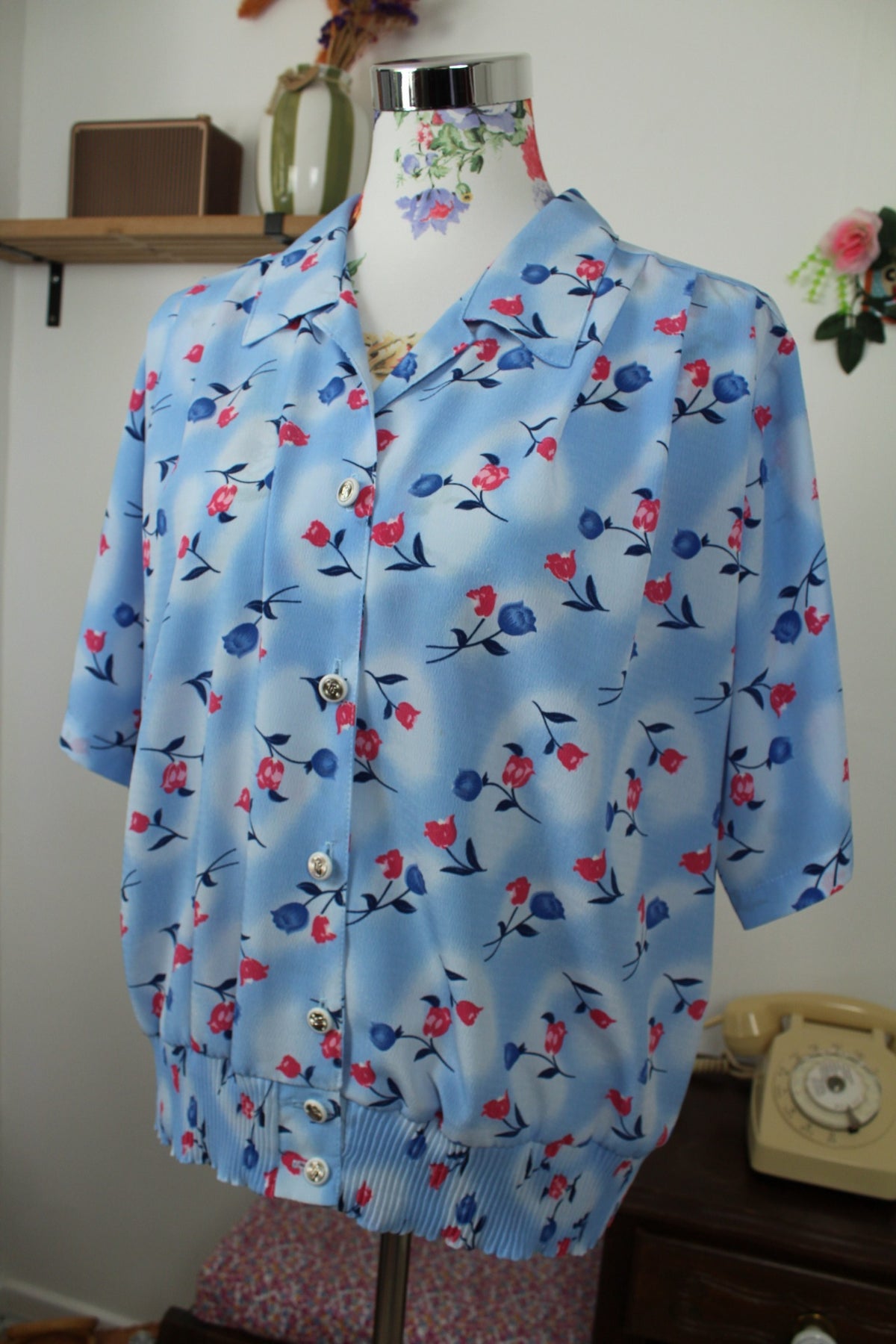 🌸🍒Chemise vintage années 90 bleu lumineux & tulipes - Taille 44/46🍒🌸