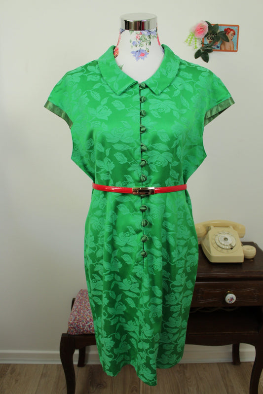 🌸🍒Robe vintage 80/90s romantique vert satiné & roses ton sur ton - Taille 40🍒🌸