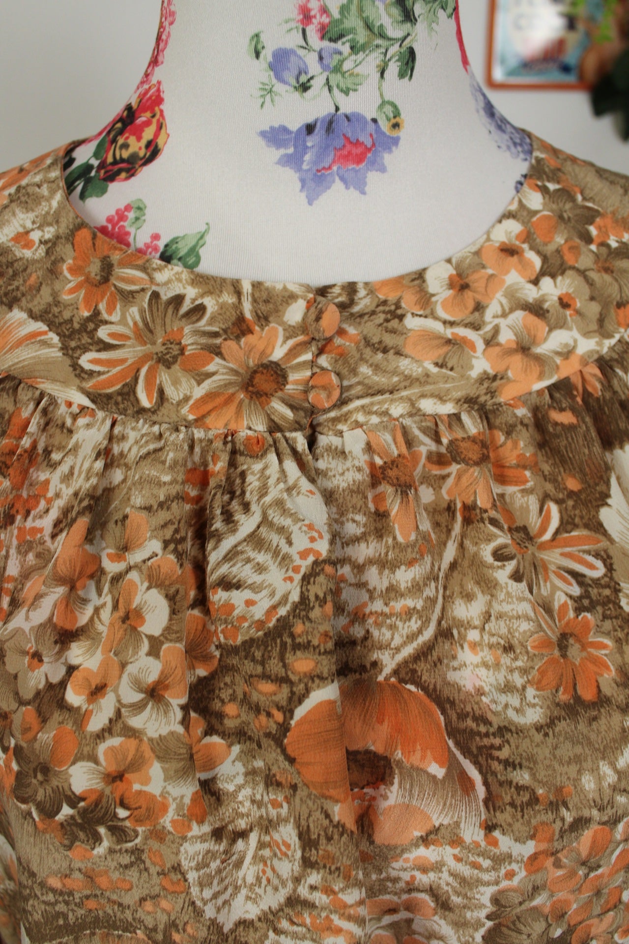 🌸🍒Blouse vintage 70's "papier peint - fleurs automnales" légère - Taille 38/40🍒🌸