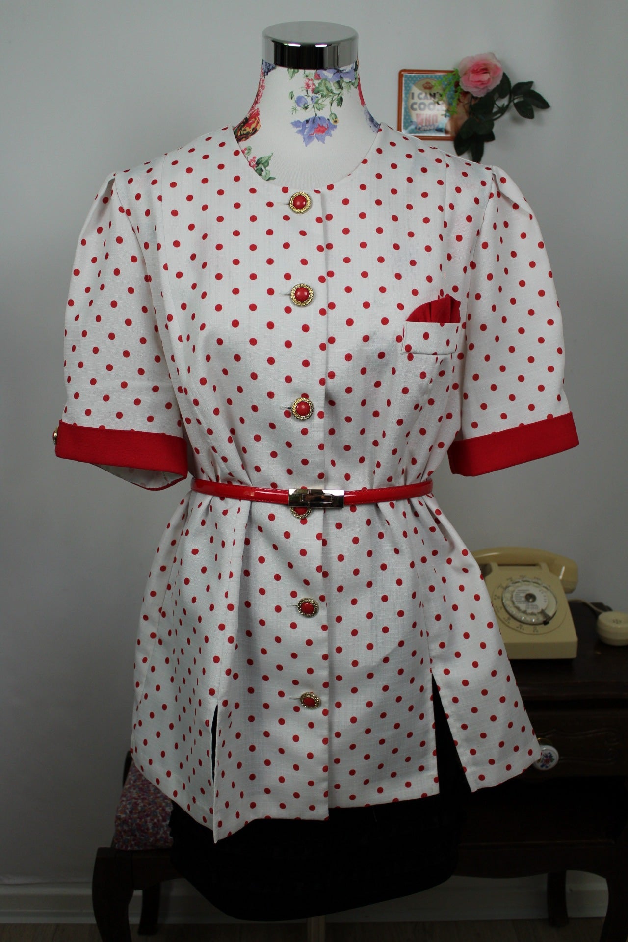 🌸🍒Blouse vintage 80's esprit tailleur pin-up rockabilly - pois & boutons bijoux - Taille 44🍒🌸