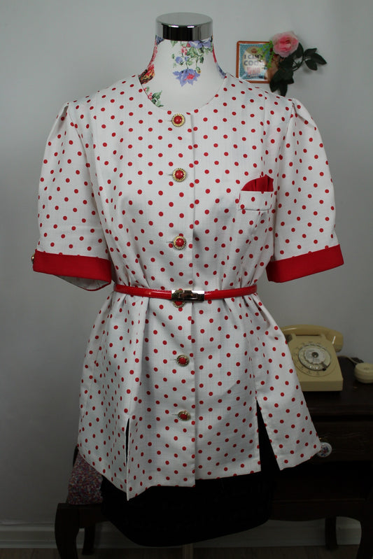 🌸🍒Blouse vintage 80's esprit tailleur pin-up rockabilly - pois & boutons bijoux - Taille 44🍒🌸