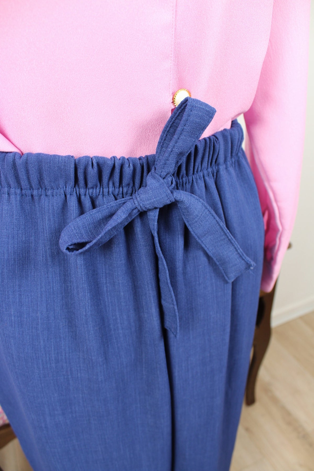 Pantalon vintage années 80/90 bleu profond - taille à nouer - Taille 44/46