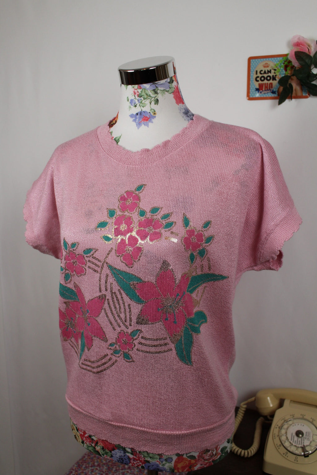 🌸🍒Pull vintage fleuri rose 70/80s en coton🍒🌸