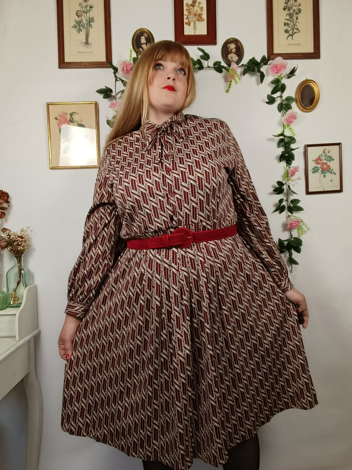 🍒🌸Robe vintage col lavallière 70's - motifs géométriques - Taille 44/46🌸🍒