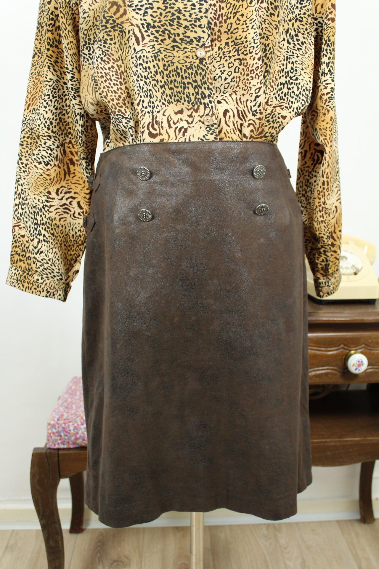 🌸🍒Jupe vintage 90's début 2000 Julie Guerlande marron effet daim texturé - Taille 40🍒🌸