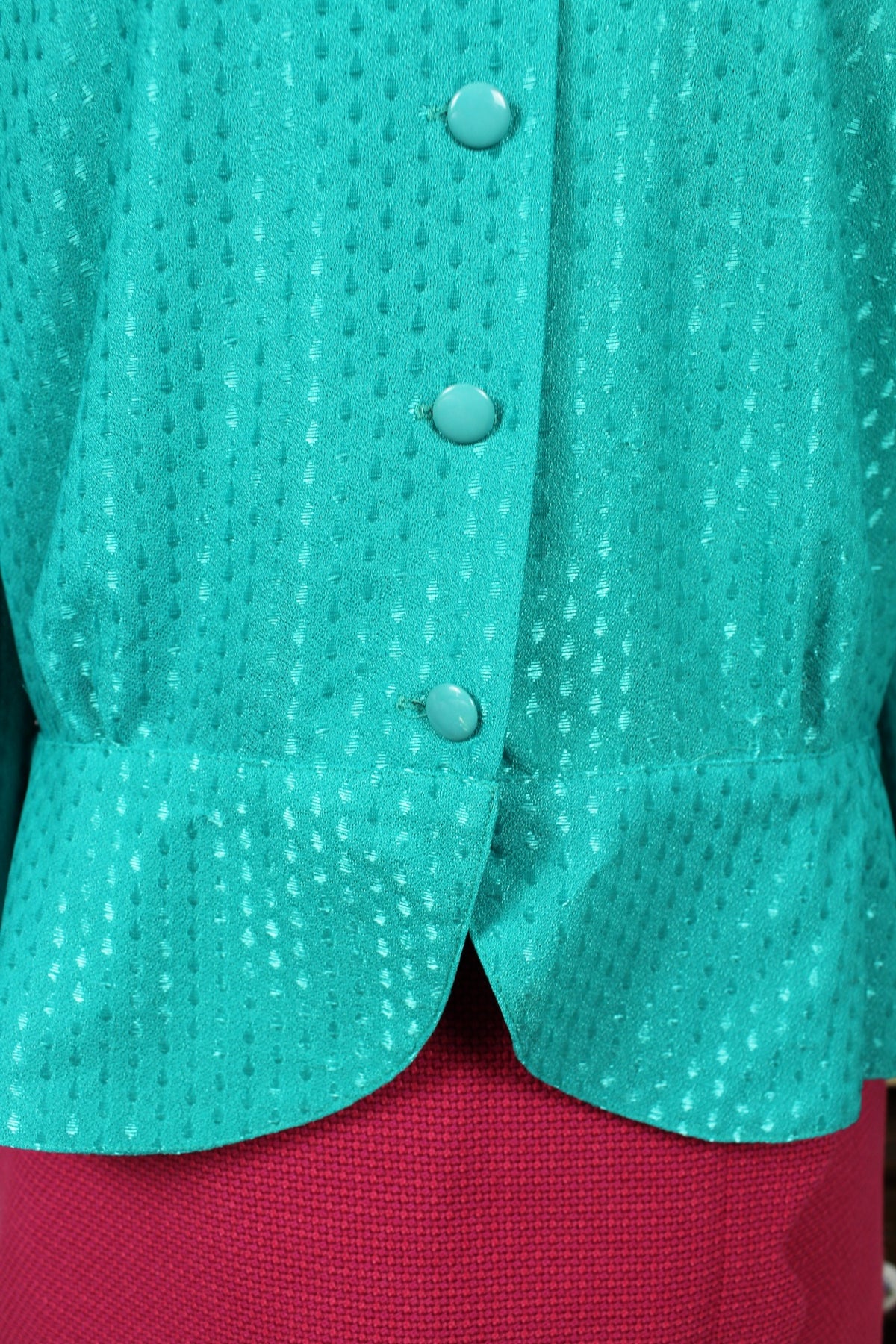 Blouse vintage années 70 turquoise fuseaux satinés et col officier - Taille 38 à 42