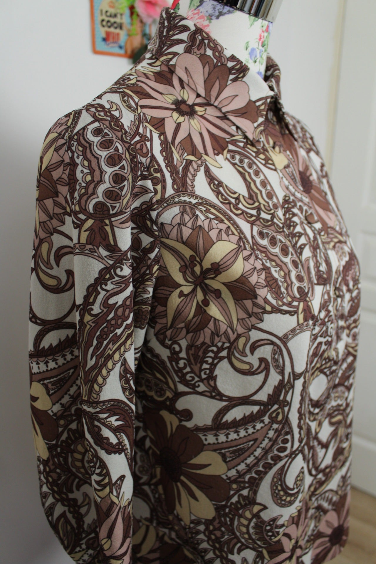 🍒🌸Blouse vintage baroque 70s - tons bruns & beige chic - Taille 40/42🌸🍒