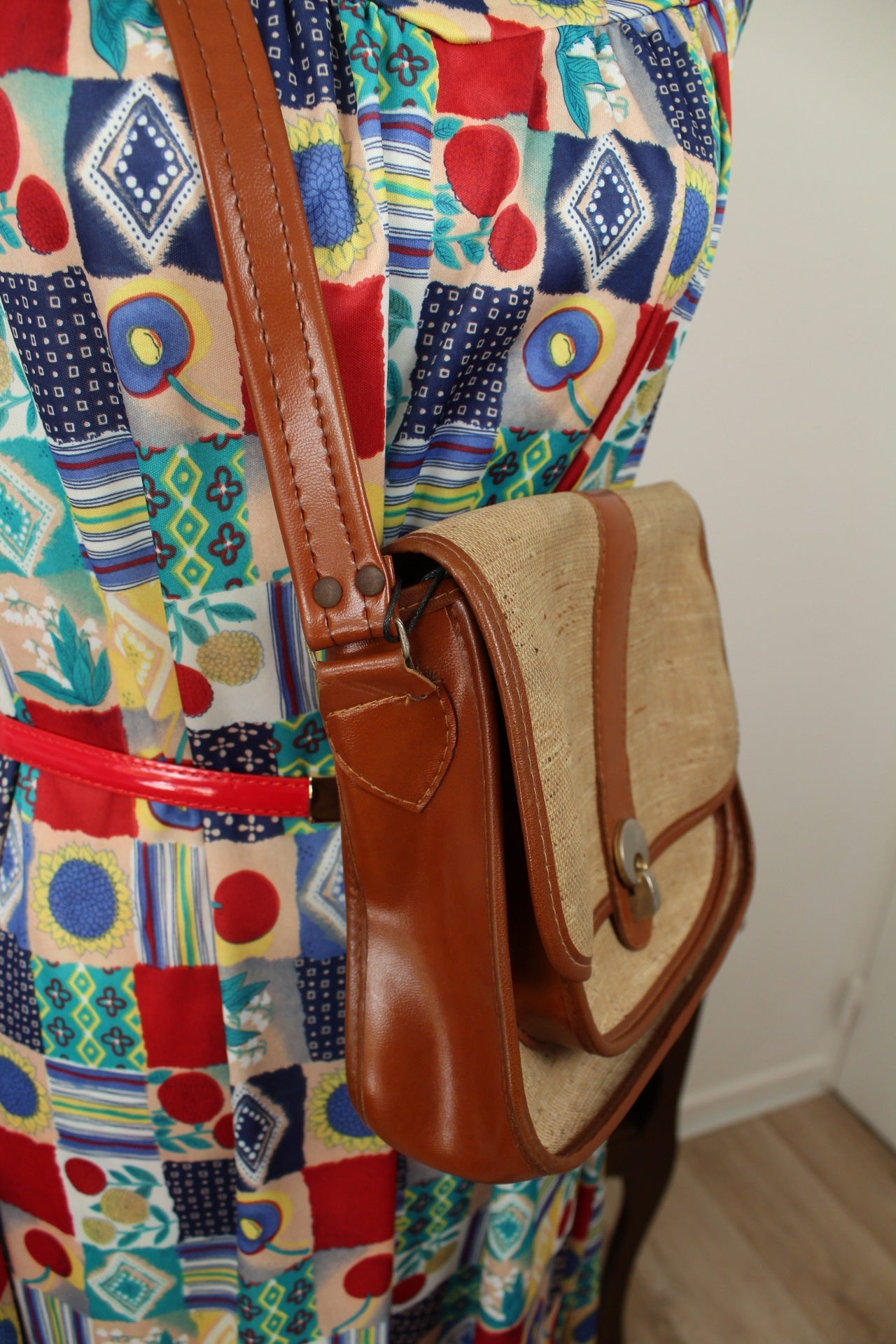 🌸🍒Sac vintage années 70/80 bi-matière toile + cuir camel🍒🌸