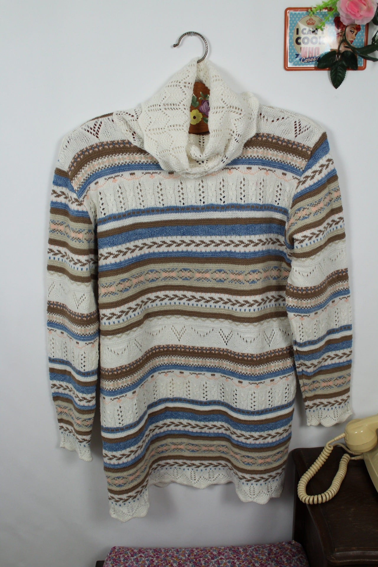 🌸🍒Pull long bohème vintage pimkie 90's - col roulé ajouré - Taille 38🍒🌸