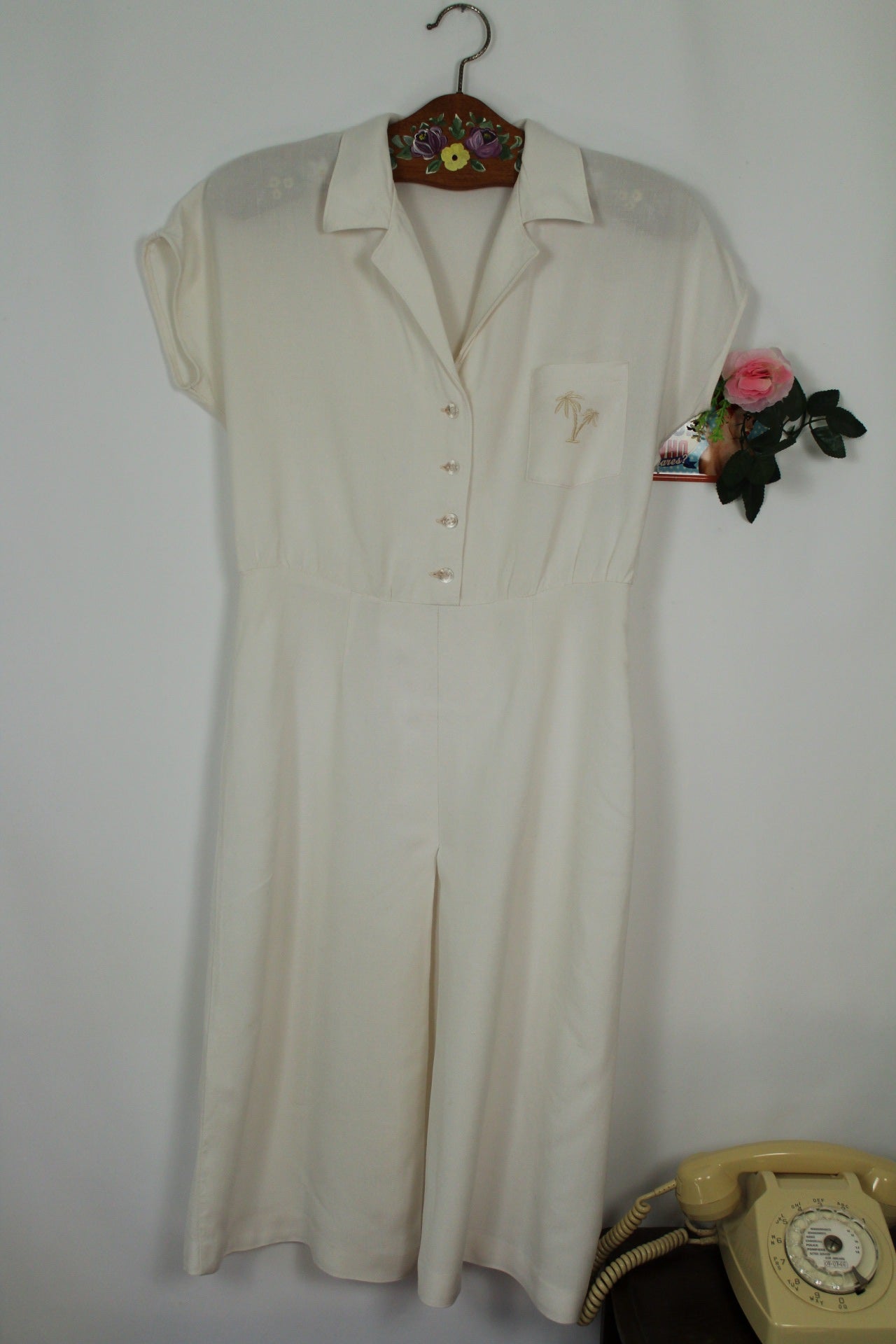 🌸🍒Robe blanche vintage 90's lin & viscose - palmier brodé - Taille 38🍒🌸