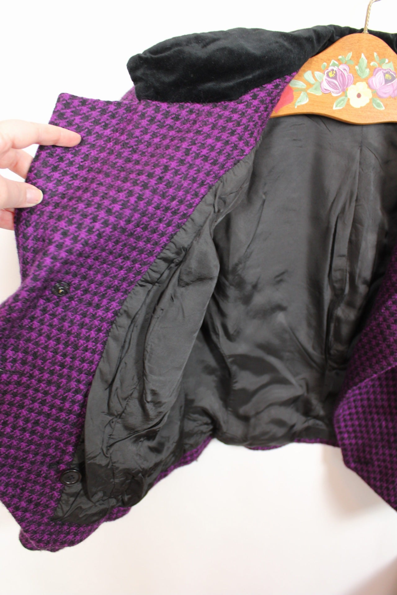 🌸🍒Veste vintage 80's pure laine pieds de poule violette & velours noir - Made in Italy - Taille 38🍒🌸