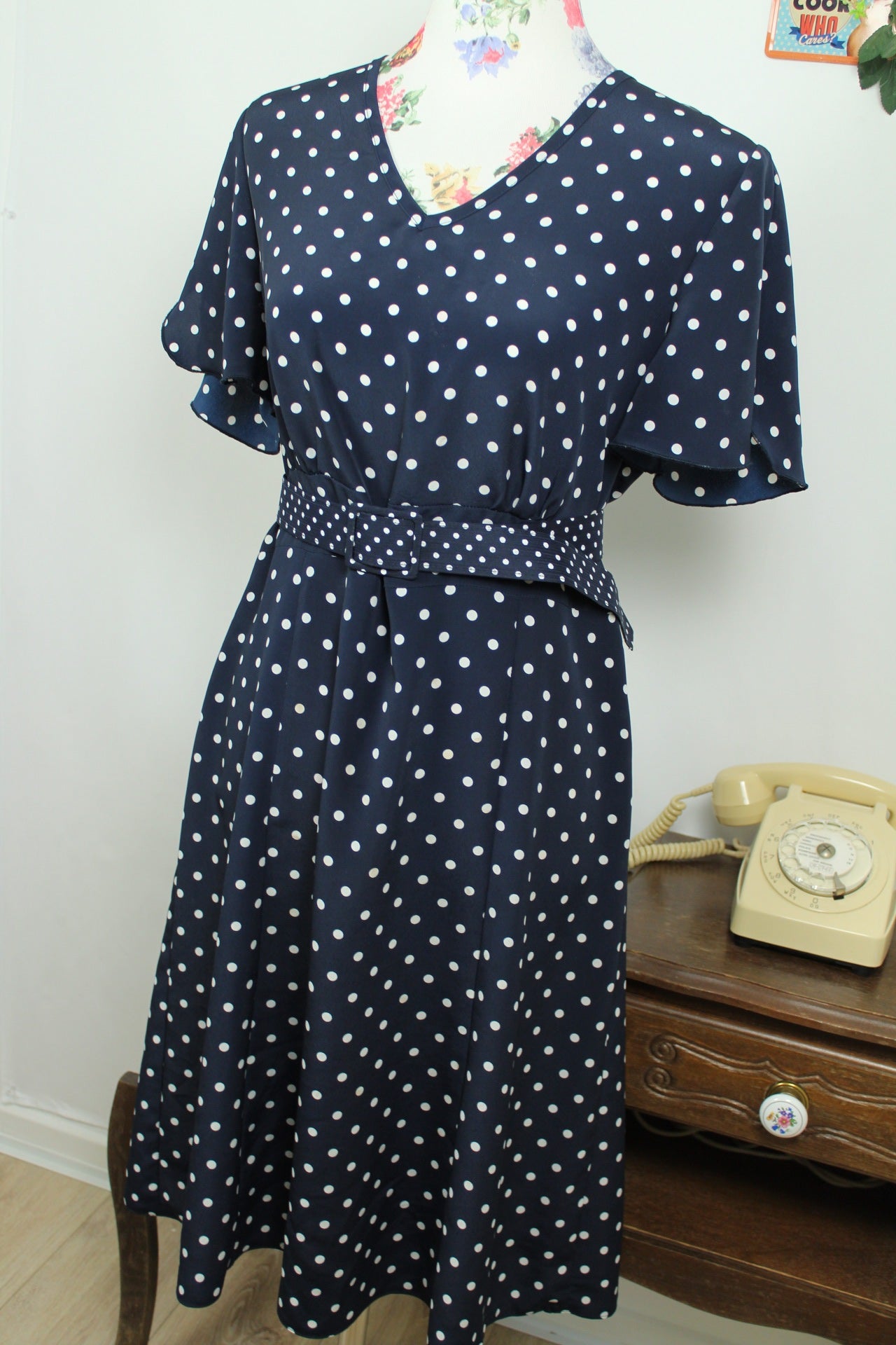 🌸🍒Robe vintage 80/90's marine à pois style pin-up/rockabilly - Taille 40🍒🌸