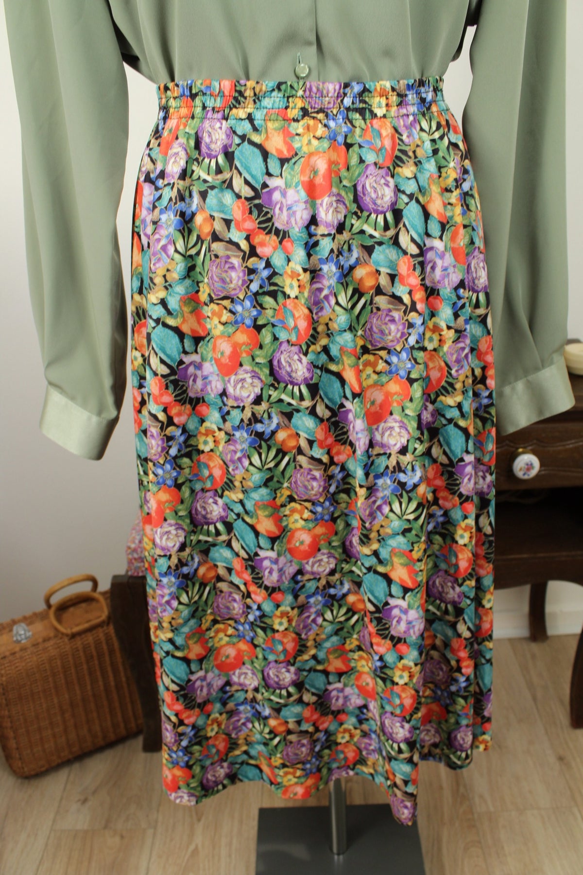 Jupe plissée vintage années 80 fleurs & fruits - Taille 46 à 52