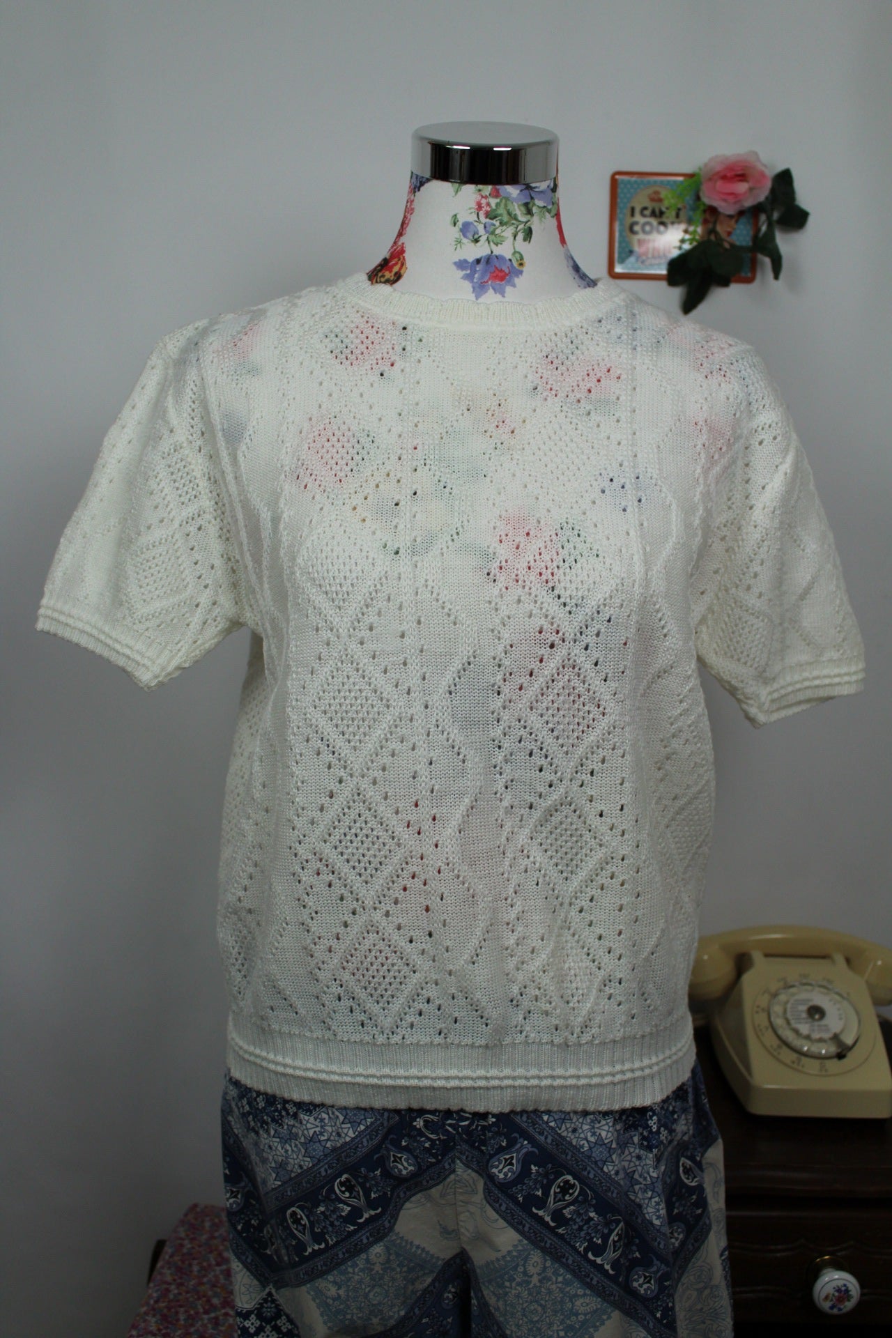 🌸🍒Pull blanc vintage 90's ajouré manches courtes - made in France - Taille 40/42🍒🌸