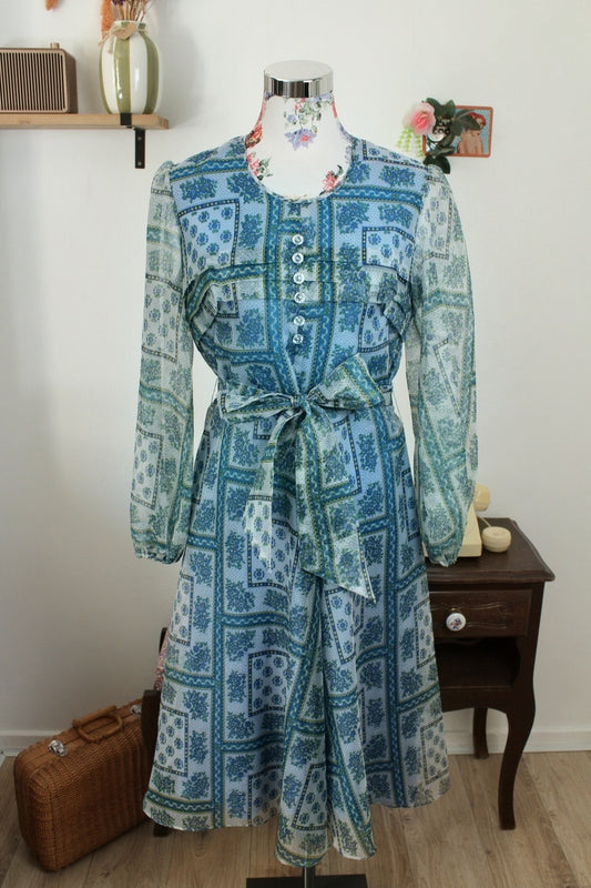 Robe midi vintage années 70 - bohème fleurie manches transparentes - Taille 38