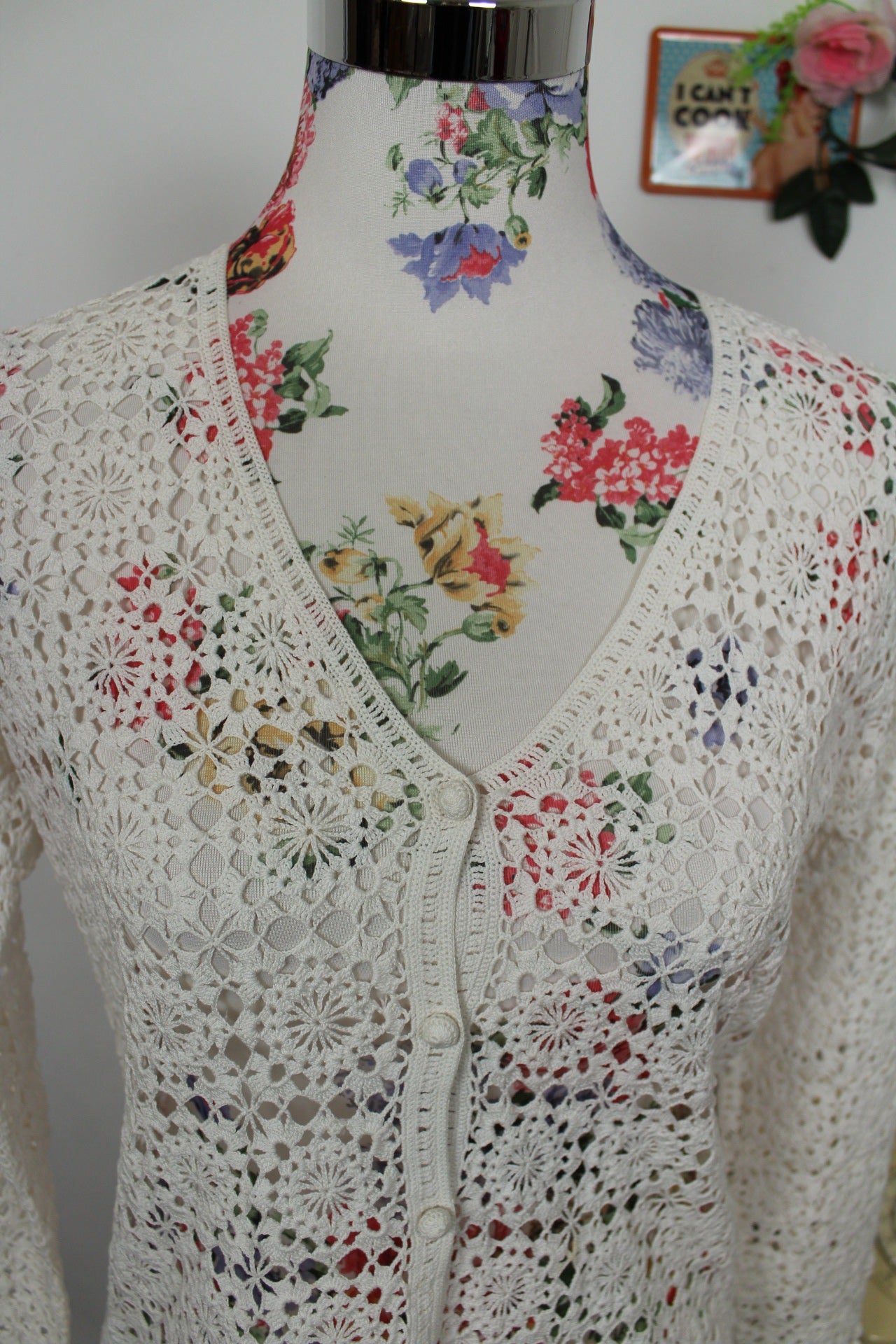 🍒🌸Gilet vintage 90's en crochet blanc fleuri ajouré - taille 38🌸🍒