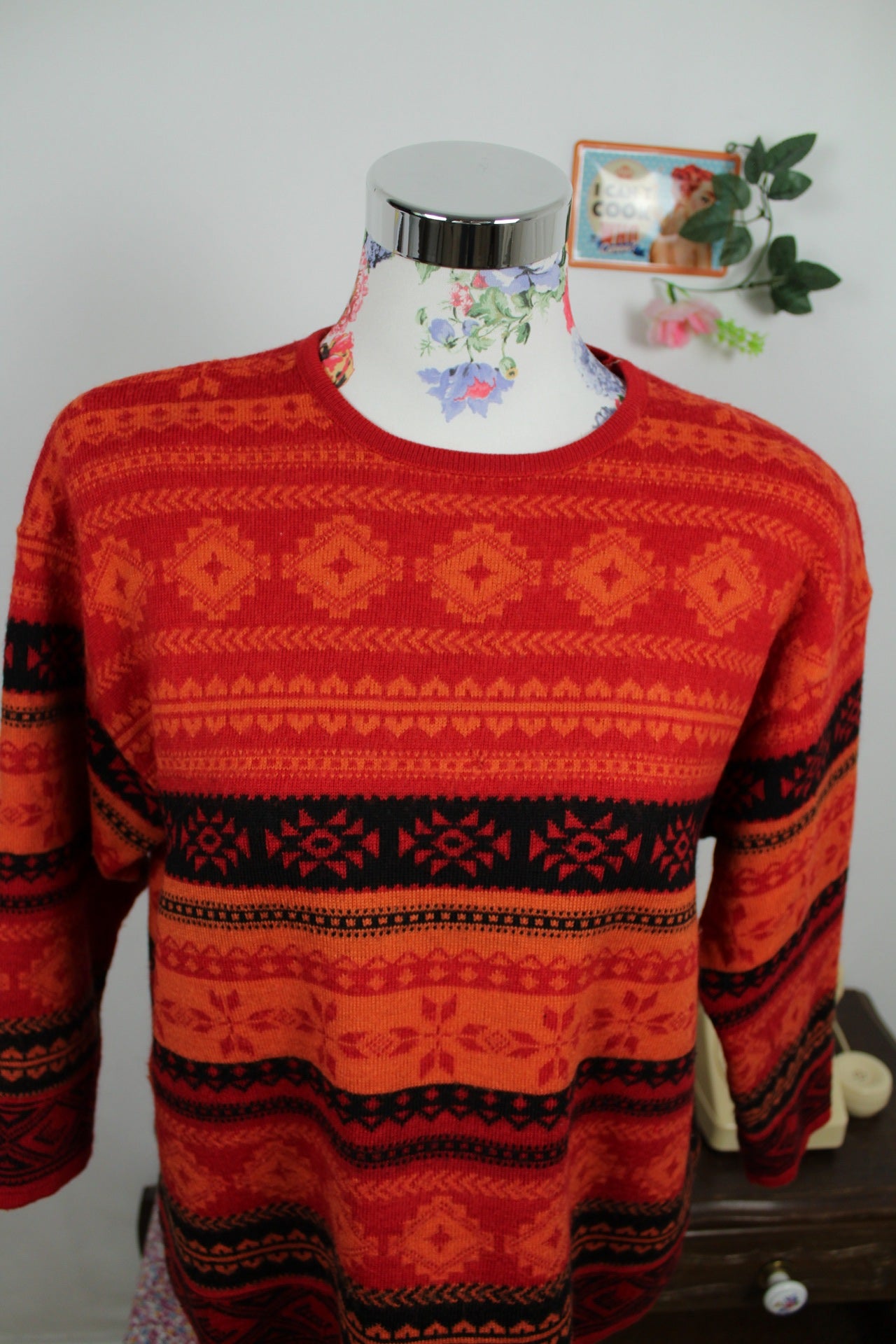 🌸🍒Pull vintage en laine 90's Symétrie rouge & noir - motifs graphiques - Taille 40/42🍒🌸