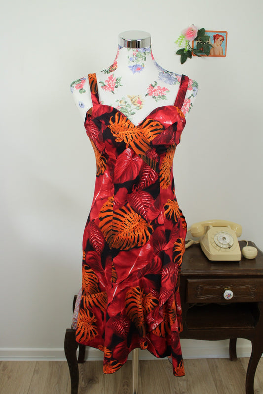 🌸🍒Robe vintage 90's summer feuillage tropical couleurs chaudes - Taille 34/36🍒🌸