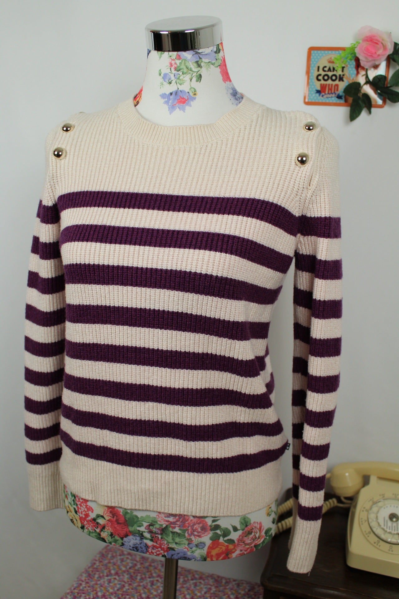 🌸🍒Pull marinière crème & violet - boutons dorés - Le Temps des Cerises 🍒🌸